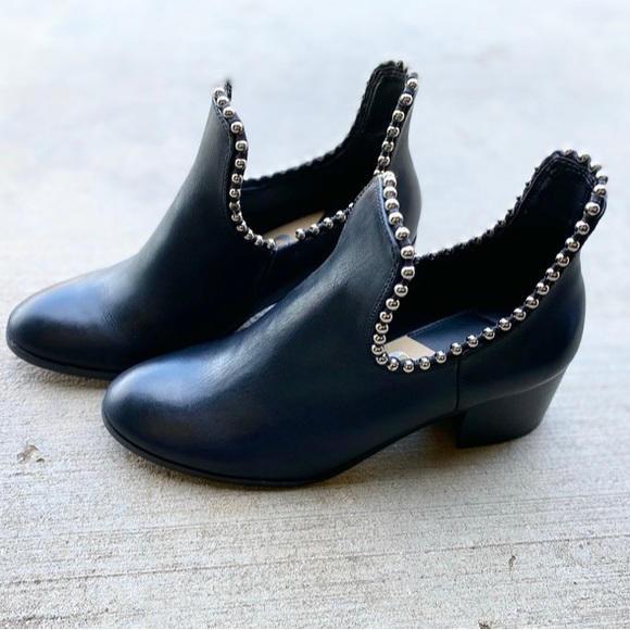 Black Leather and Ball Chain Stud Ankle Boots - Picture 2 of 6